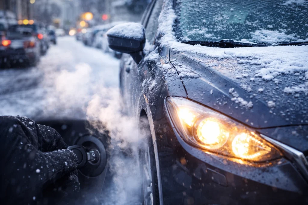 rozgrzewanie silnika zimą samochód na mrozie odpalanie auta w mieście zimą spaliny i zimny silnik