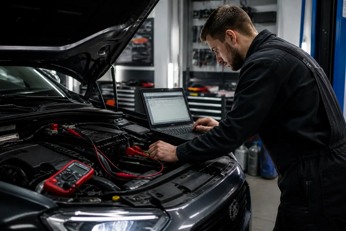 Elektryk samochodowy 1 Elektryk samochodowy Poznań – diagnostyka elektryki auta przy użyciu komputera i narzędzi serwisowych