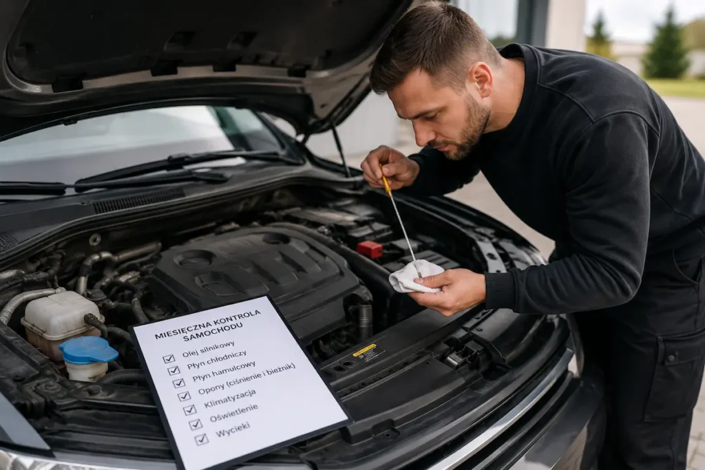 Elementy samochodu warto kontrolować – kierowca sprawdzający poziom oleju silnikowego pod maską